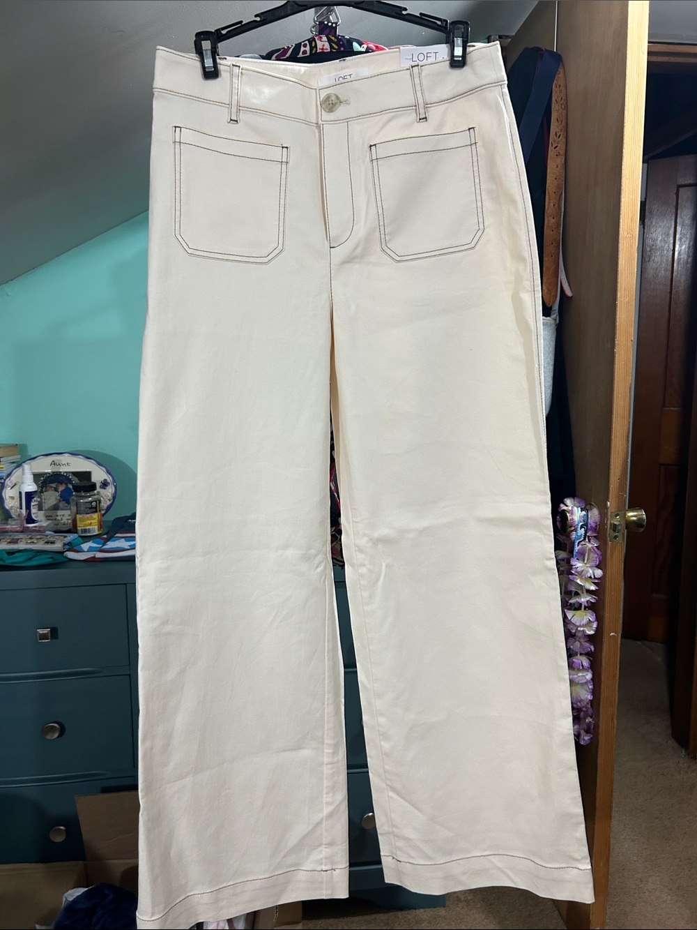 LOFT Cream Wide-Leg Front-Pocket Pants